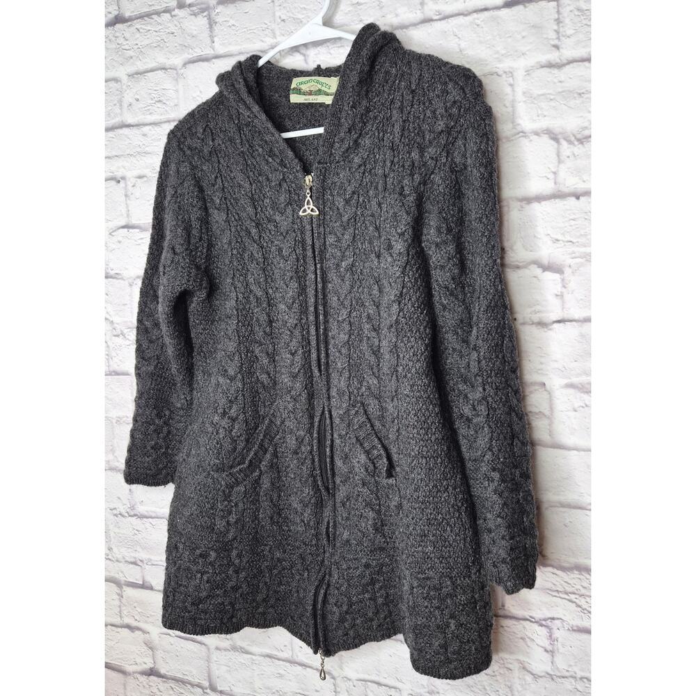 Aran Crafts Womens Small 100% Merino Wool Full Zip Sweater Gray Hooded Ireland. - Picture 2 of 8